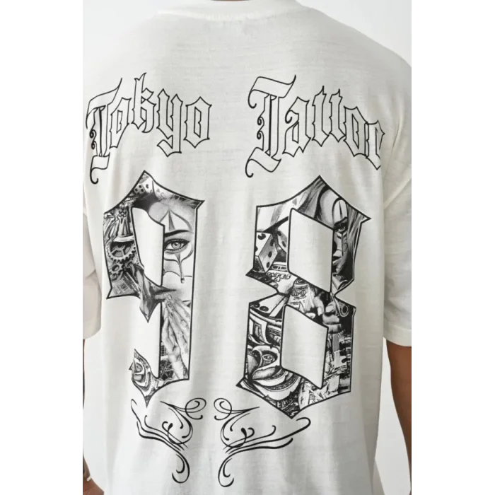 Unisex Baskılı Oversize T-Shirt - Beyaz