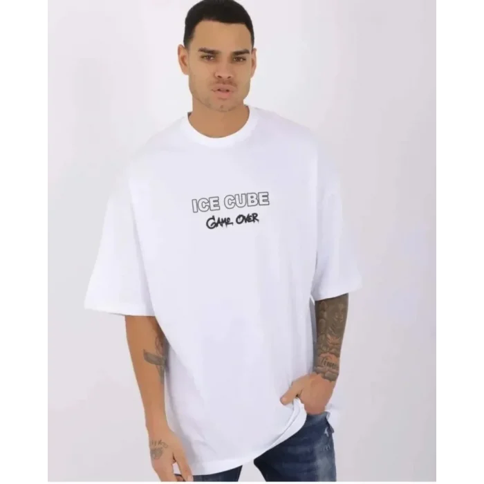 Unisex Bisiklet Yaka Baskılı Oversize T-Shirt - Beyaz