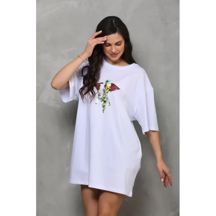 Unisex Bisiklet Yaka Baskılı Oversize T-Shirt - Beyaz