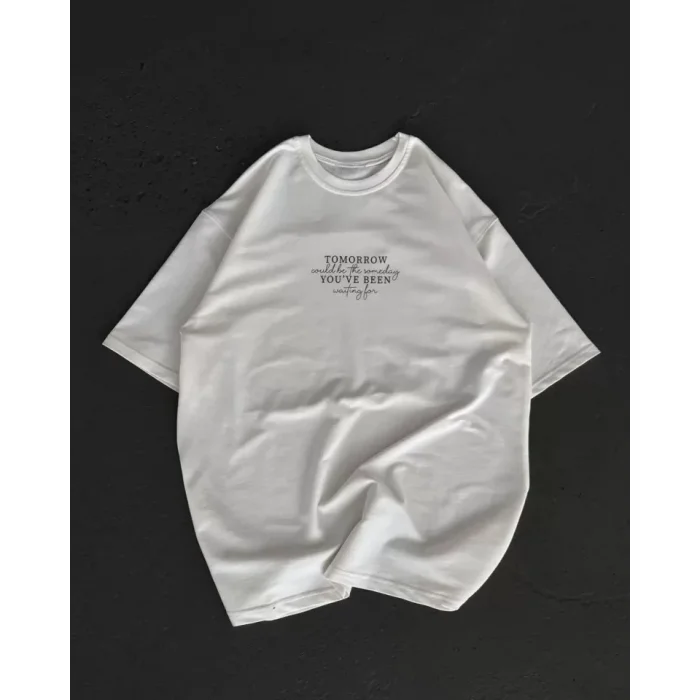 Unisex Bisiklet Yaka Baskılı Oversize T-Shirt - Beyaz