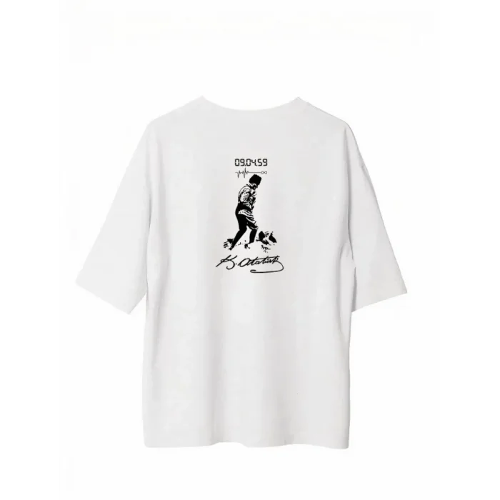 Unisex Bisiklet Yaka Baskılı Oversize T-Shirt - Beyaz