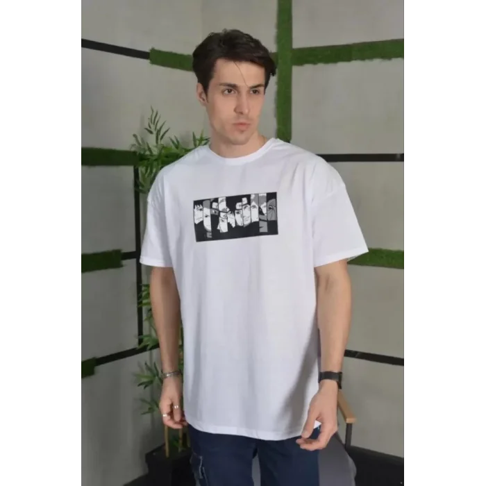 Unisex Bisiklet Yaka Baskılı Oversize T-Shirt - Beyaz