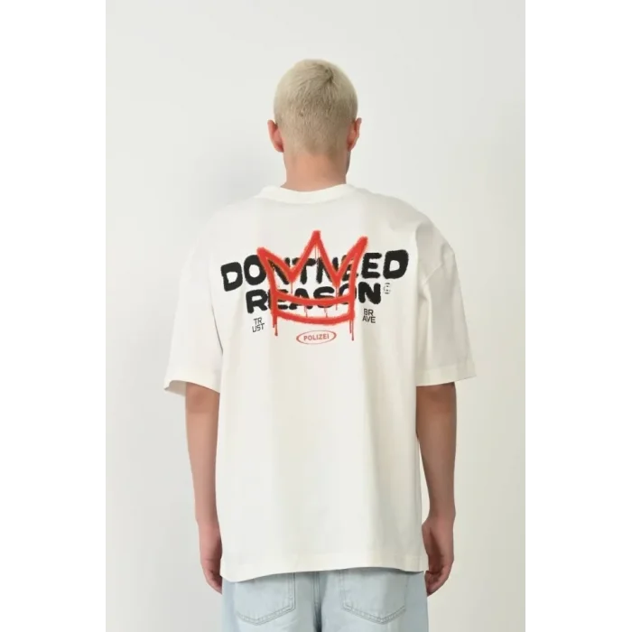 Unisex Bisiklet Yaka Baskılı Oversize T-Shirt - Beyaz