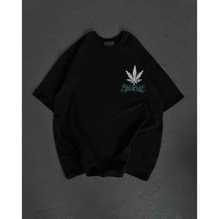 Unisex Bisiklet Yaka Baskılı Oversize T-Shirt - Siyah