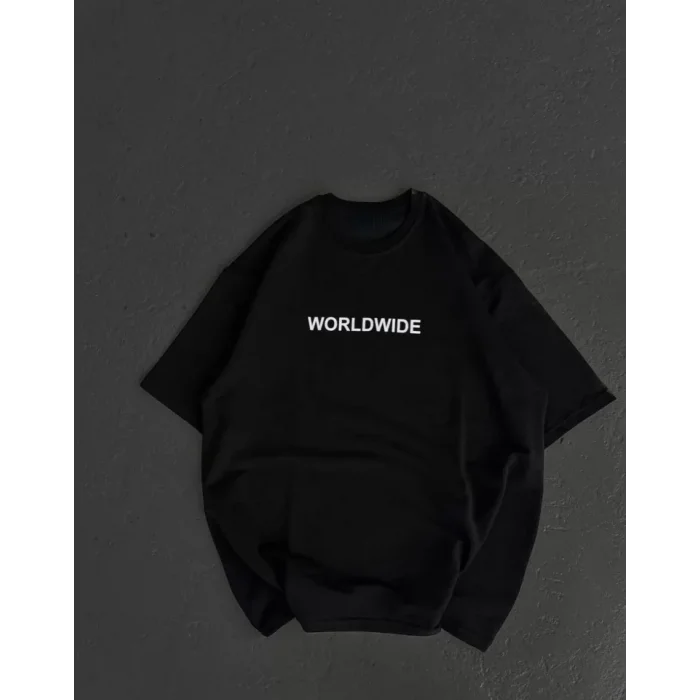 Unisex Bisiklet Yaka Baskılı Oversize T-Shirt - Siyah