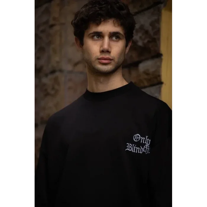 Unisex Bisiklet Yaka Baskılı Oversize T-Shirt - Siyah