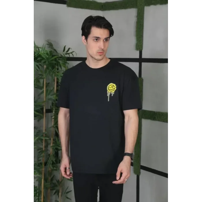 Unisex Bisiklet Yaka Baskılı Oversize T-Shirt - Siyah