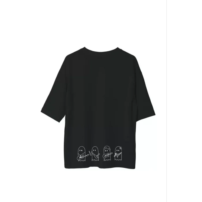 Unisex Bisiklet Yaka Baskılı Oversize T-Shirt - Siyah