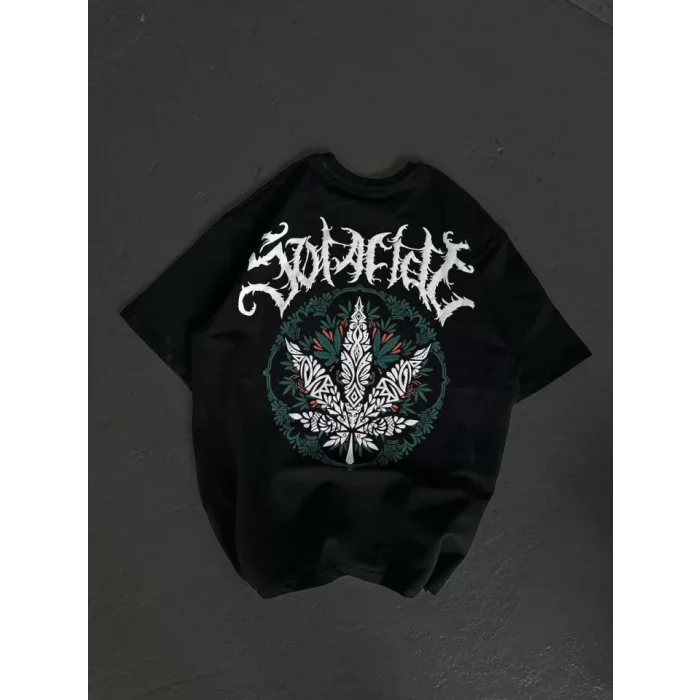 Unisex Bisiklet Yaka Baskılı Oversize T-Shirt - Siyah
