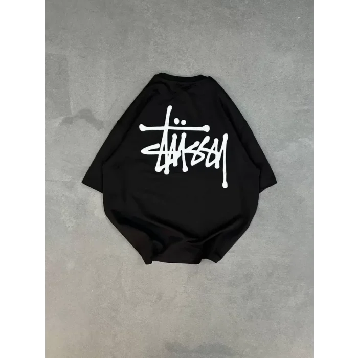Unisex Bisiklet Yaka Baskılı Oversize T-Shirt - Siyah