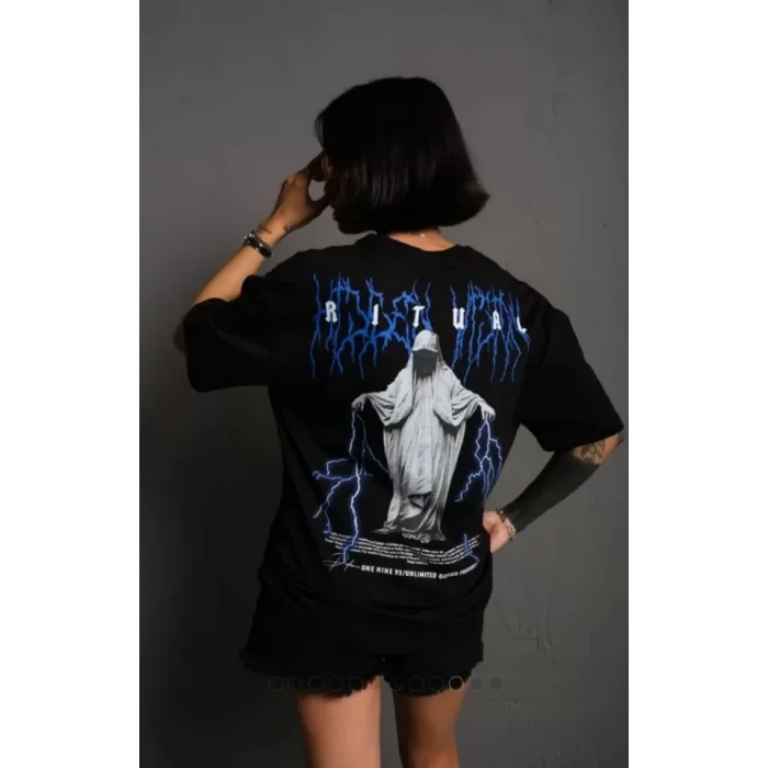 Unisex Bisiklet Yaka Baskılı Oversize T-Shirt - Siyah