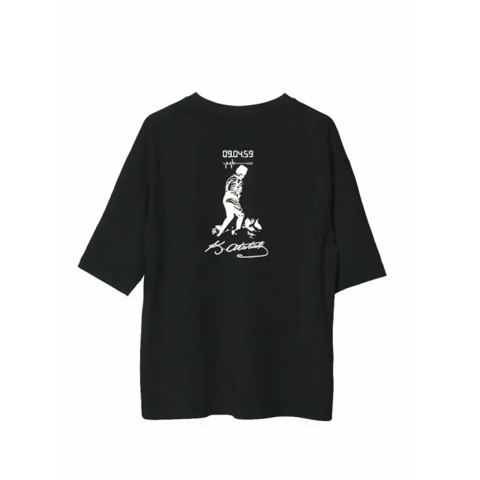 Unisex Bisiklet Yaka Baskılı Oversize T-Shirt - Siyah