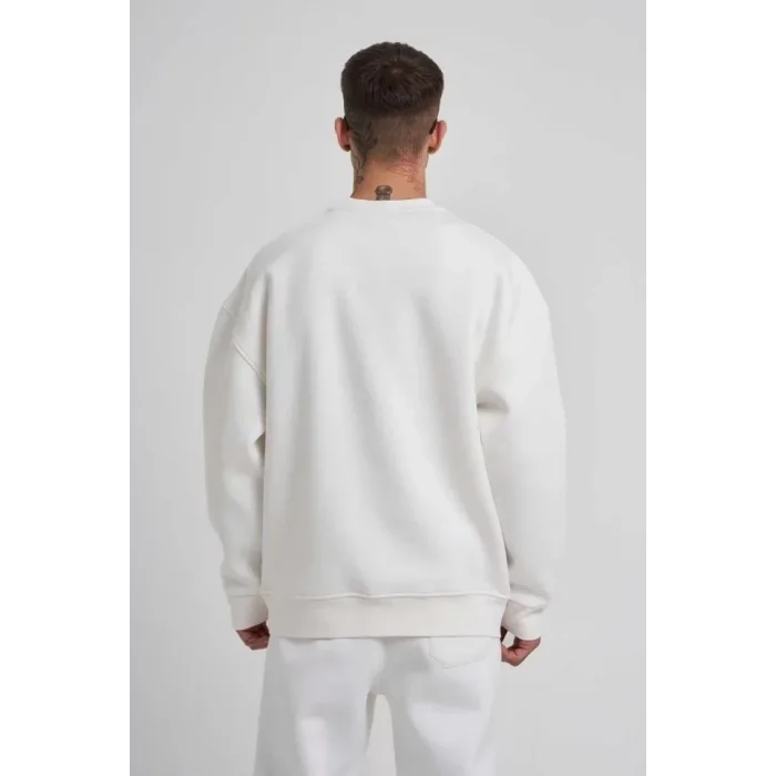 Unisex Biskilet Yaka Üç İplik SweatShirt - Beyaz