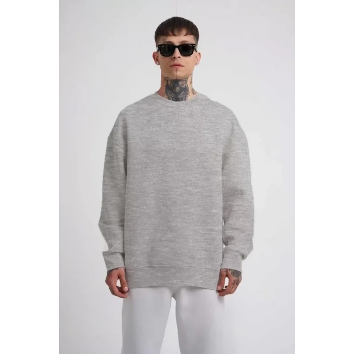 Unisex Biskilet Yaka Üç İplik SweatShirt - Gri