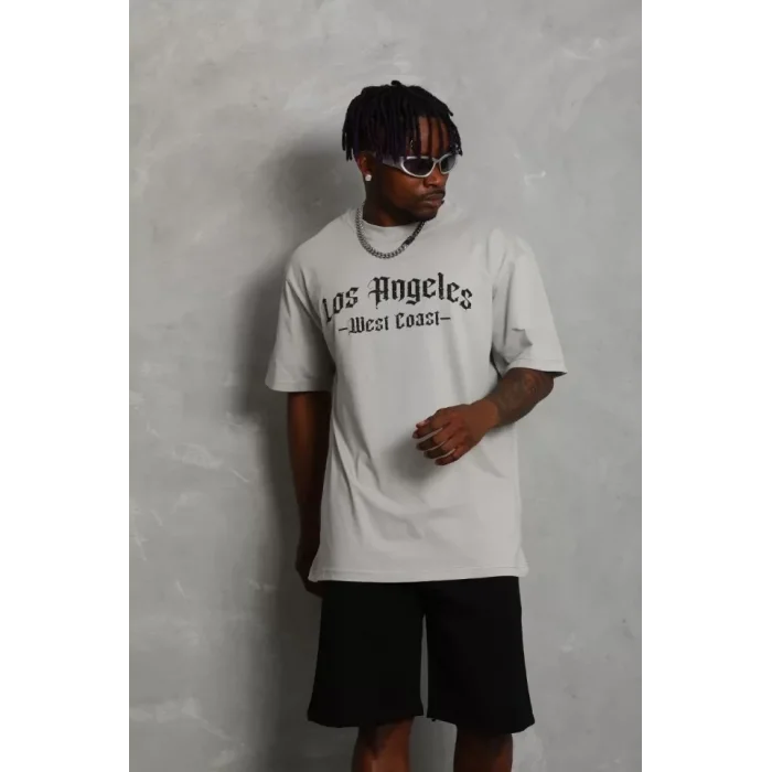 Unisex Oversize Baskılı Bisiklet Yaka T-Shirt - Gri
