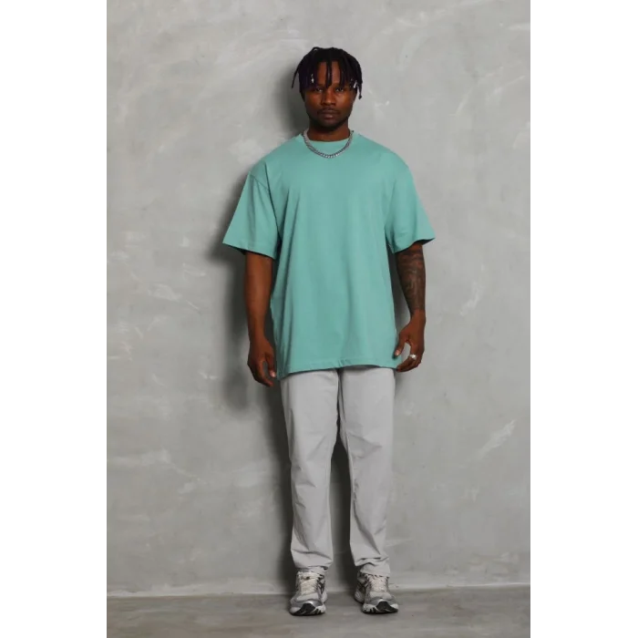 Unisex Oversize Düz Bisiklet Yaka T-Shirt - Mint Yeşili