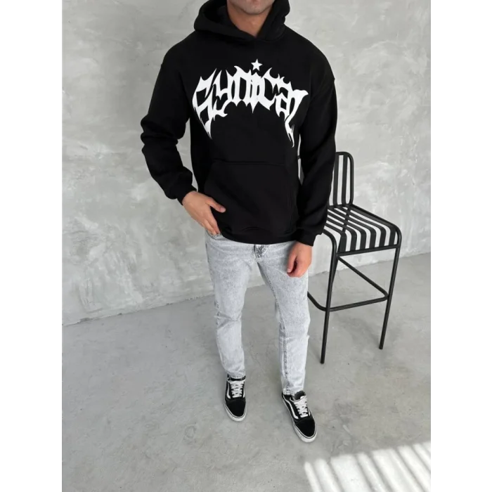 Unisex Üç İplik Kapşonlu Baskılı SweatShirt - Siyah