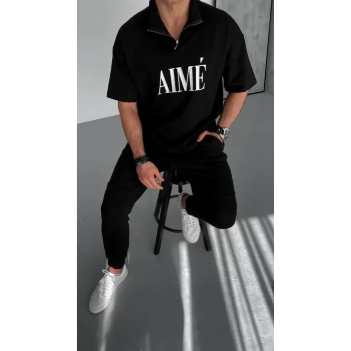 Unisex Yarım Fermuarlı Baskılı T-Shirt - Siyah
