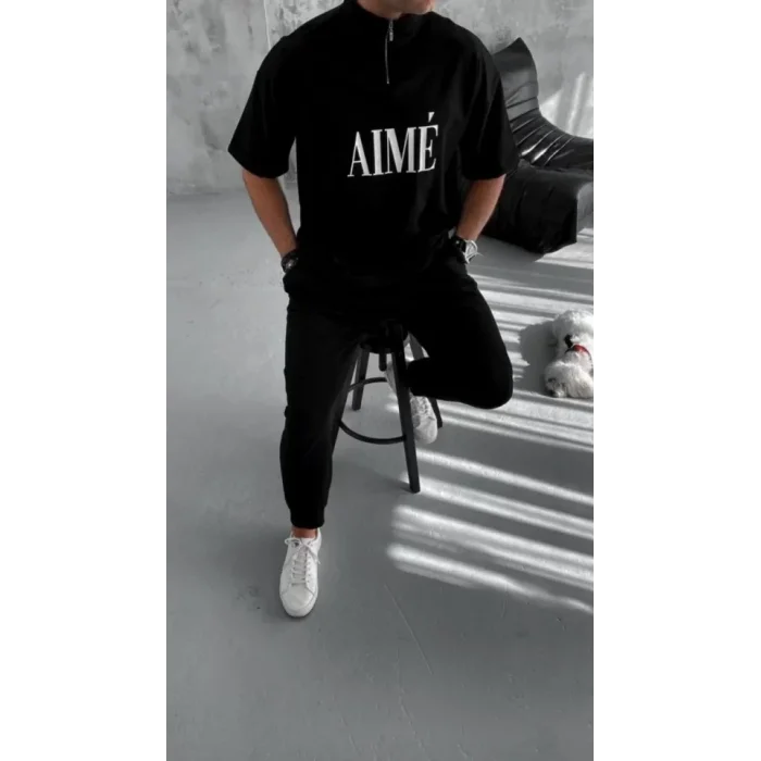 Unisex Yarım Fermuarlı Baskılı T-Shirt - Siyah
