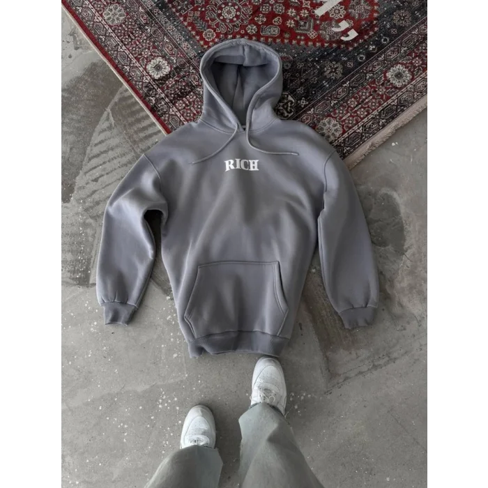 Uzun Kol Kapşonlu Göğüs Baskılı SweatShirt - Gri