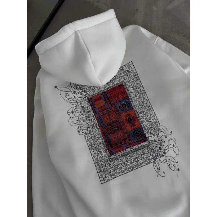 Uzun Kol Kapşonlu Ön Ve Arka Baskılı SweatShirt - Beyaz