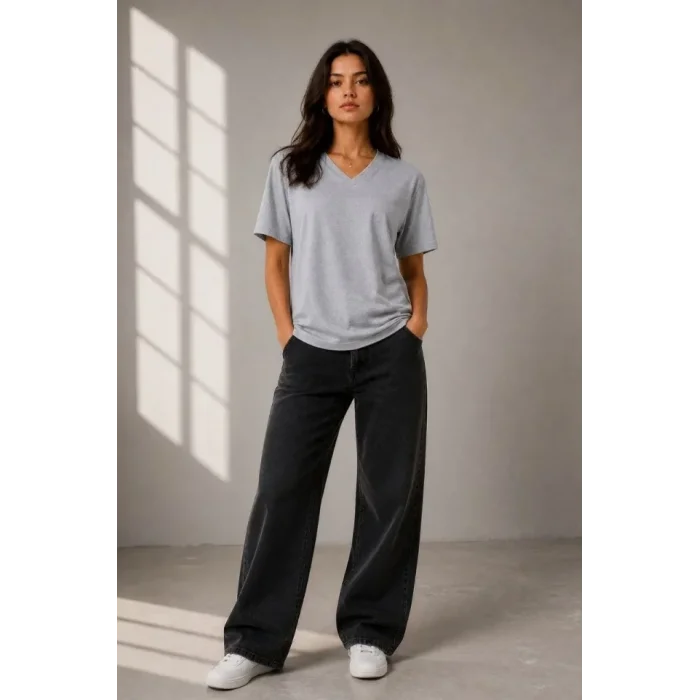 V Yaka Basic Tişört Kısa Kol Yazlık Regular Fit T-Shirt - Gri