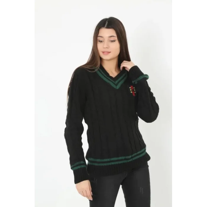 V Yaka Örgülü Kazak - Siyah