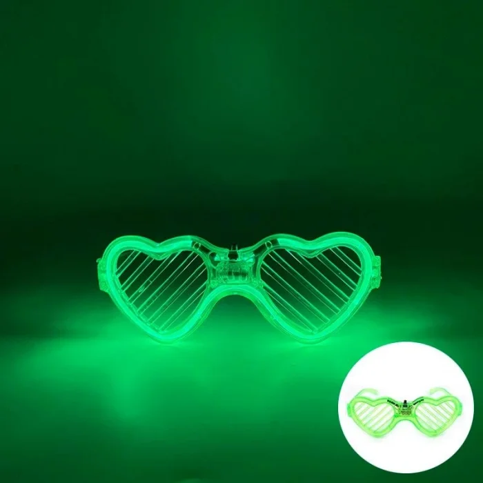 Yeşil LED Işıklı Kalp Gözlük – 3 Modlu Parti & Glow Gözlüğü
