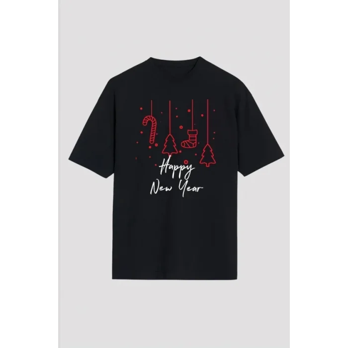 Yılbaşı Happy New Year Baskılı Kısa Kollu Oversize Bisiklet Yaka T-shirt - Siyah