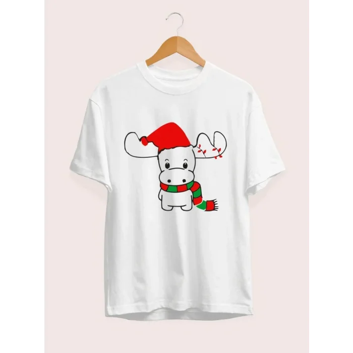 Yılbaşı Noel Ren Geyiği Baskılı Kısa Kollu Oversize Bisiklet Yaka T-shirt - Beyaz