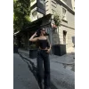 Arkadan Yırtmaçlı Jeans Kot Palazzo Pantolon - Siyah