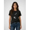 Astronot Ay Temalı Tişört Kısa Kol Yazlık Bisiklet Yaka T-Shirt - Siyah