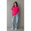 Basic Pamuklu Tişört Bisiklet Yaka Düz Renk Relaxed Fit T-Shirt - Fuşya