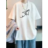 Baskılı Oversize Bisiklet Yaka T-shirt - Beyaz