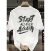 Baskılı Oversize Bisiklet Yaka T-shirt - Beyaz