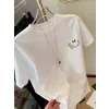 Baskılı Oversize Bisiklet Yaka T-shirt - Beyaz