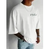 Baskılı Oversize Bisiklet Yaka T-shirt - Beyaz