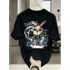 Baskılı Oversize Bisiklet Yaka T-shirt - Siyah