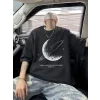 Baskılı Oversize Bisiklet Yaka T-shirt - Siyah