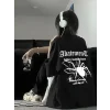 Baskılı Oversize Bisiklet Yaka T-shirt - Siyah