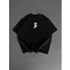 Baskılı Oversize Bisiklet Yaka T-shirt - Siyah