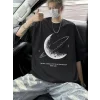 Baskılı Oversize Bisiklet Yaka T-shirt - Siyah