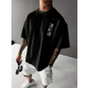 Baskılı Oversize Bisiklet Yaka T-shirt - Siyah