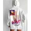 Baskılı Üç İplik Kapüşonlu Oversize Sweatshirt - Beyaz