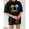 Bisiklet Yaka Baskılı Oversize T-Shirt - Siyah