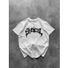 Bisiklet Yaka Ön Baskılı Kısa Kollu Tişört Streetwear Günlük Basic Pamuklu T-shirt - Beyaz
