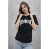 Bisiklet Yaka Ön Baskılı  Kısa Kollu Tişört Streetwear Günlük Basic Pamuklu T-shirt - Siyah