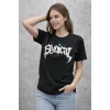 Bisiklet Yaka Ön Baskılı  Kısa Kollu Tişört Streetwear Günlük Basic Pamuklu T-shirt - Siyah