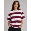 Çizgili Oversize Tişört Bisiklet Yaka Kısa Kol Yazlık T-Shirt - Bordo