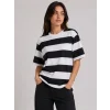 Çizgili Oversize Tişört Bisiklet Yaka Kısa Kol Yazlık T-Shirt - Siyah